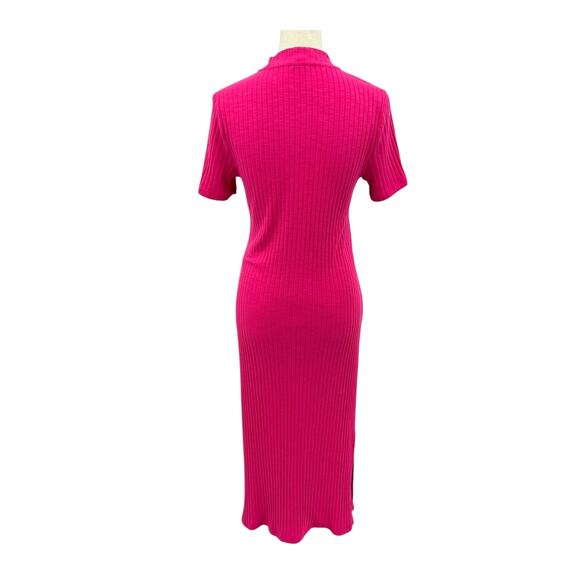 Anthropologie Court & Rowe Hot Pink Ribbed Mock Neck Bodycon Midi Dress - Picture 3 of 10